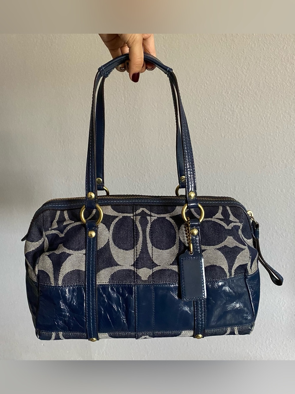 Vintage Coach Signature Blue Denim Canvas Patent Leather Satchel Bag